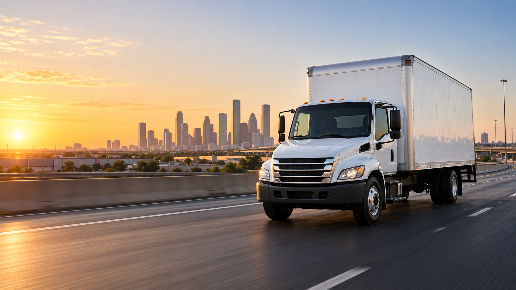 A white box truck traveling on a Houston highway at sunrise